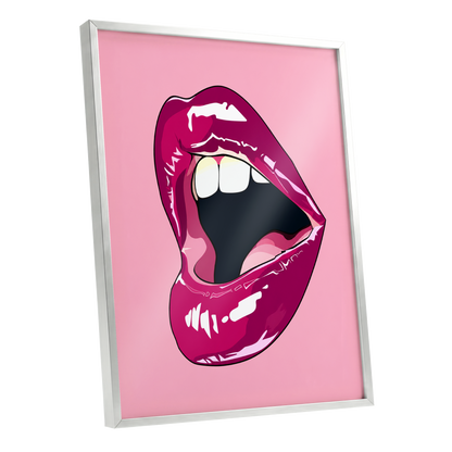 Pink Voltage, pink, purple, black minimalist wall art shown as a silver framed poster wall art print