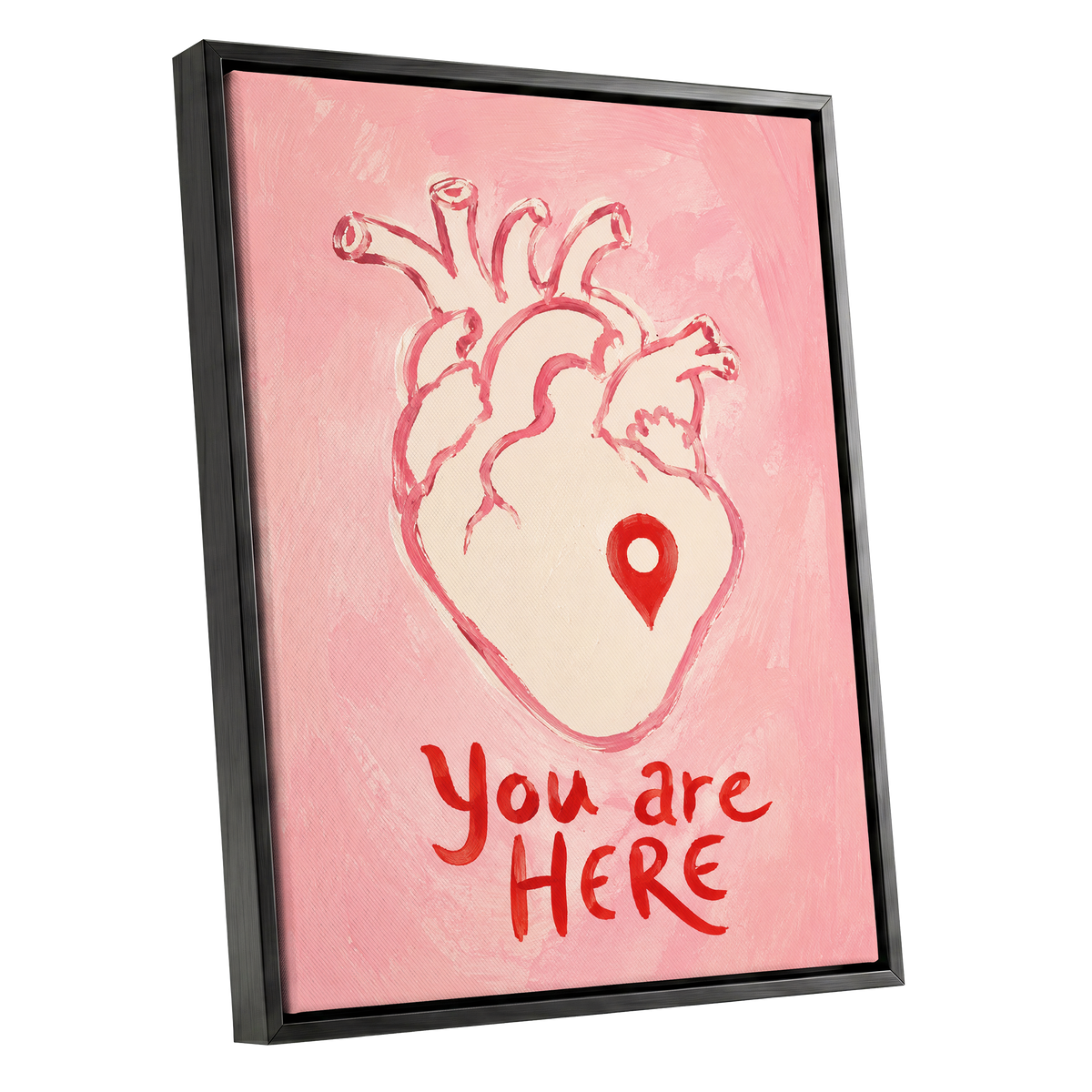 Pinned to the Heart, pink, beige, red minimalist wall art shown as a black framed canvas wall art