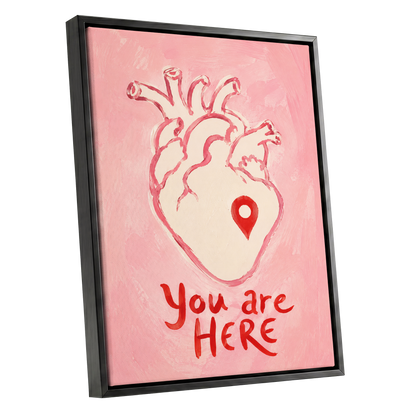 Pinned to the Heart, pink, beige, red minimalist wall art shown as a black framed canvas wall art