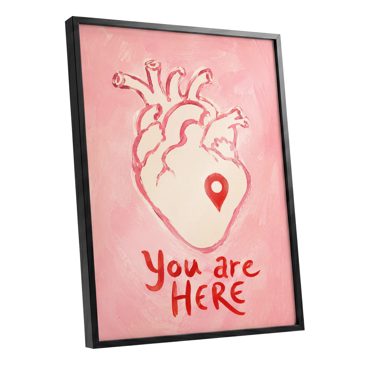 Pinned to the Heart, pink, beige, red minimalist wall art shown as a black framed poster wall art print