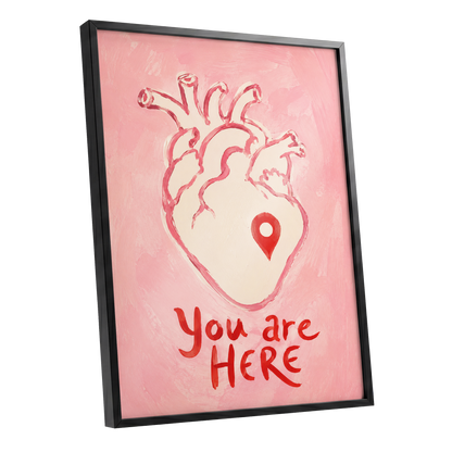 Pinned to the Heart, pink, beige, red minimalist wall art shown as a black framed poster wall art print