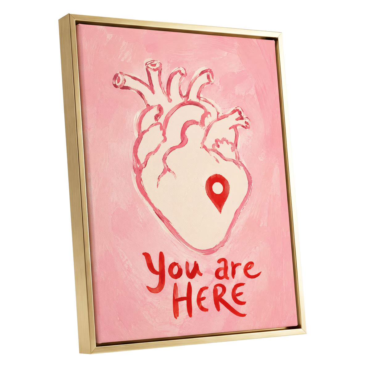 Pinned to the Heart, pink, beige, red minimalist wall art shown as a gold framed canvas wall art
