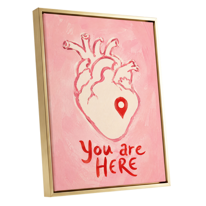 Pinned to the Heart, pink, beige, red minimalist wall art shown as a gold framed canvas wall art