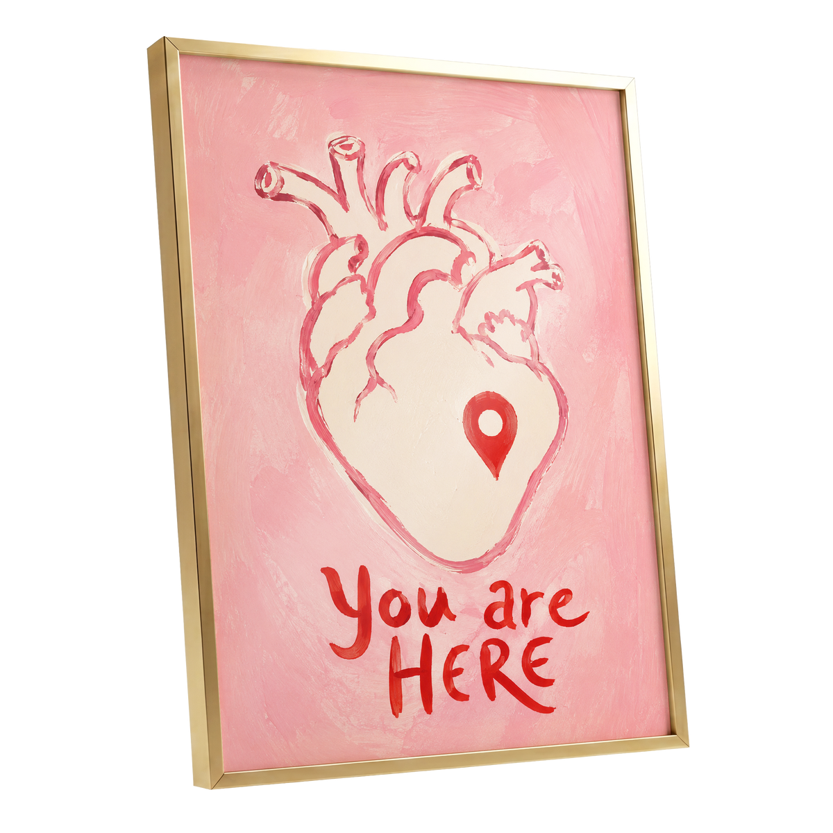 Pinned to the Heart, pink, beige, red minimalist wall art shown as a gold framed poster wall art print
