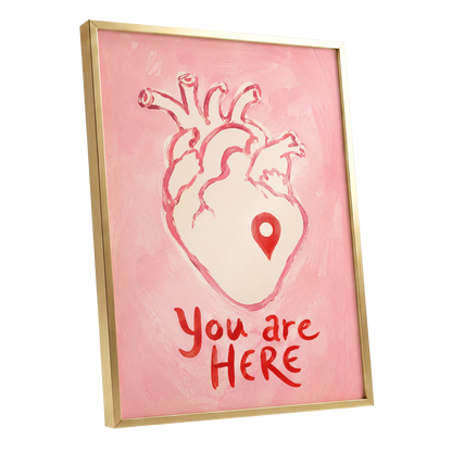 Pinned to the Heart, pink, beige, red minimalist wall art shown as a gold framed poster wall art print