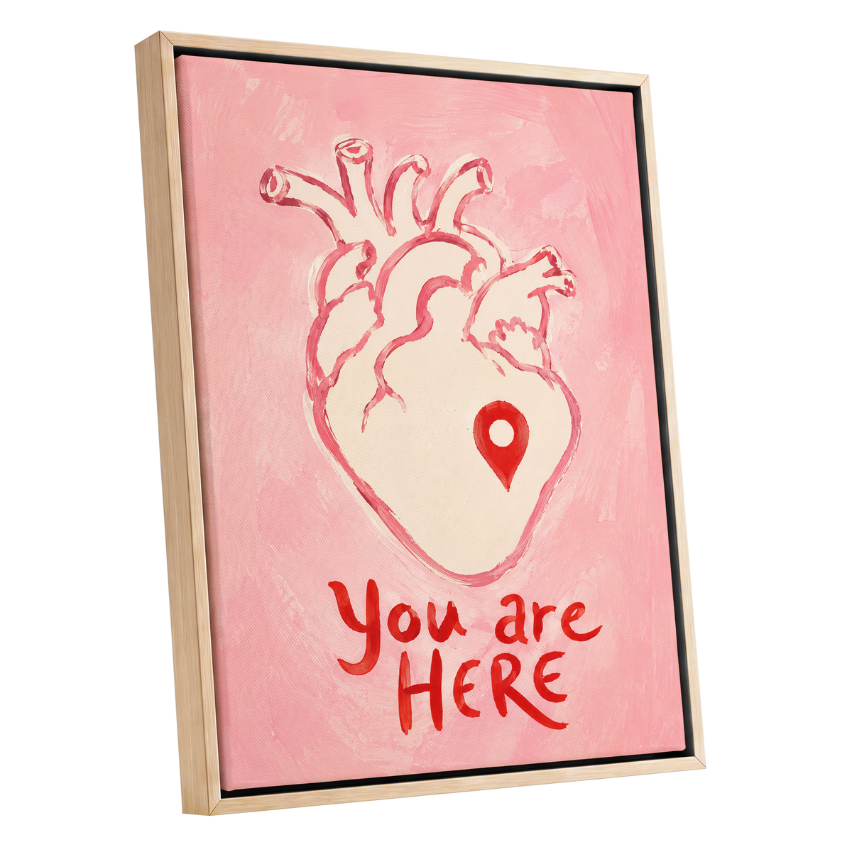 Pinned to the Heart, pink, beige, red minimalist wall art shown as a oak framed canvas wall art