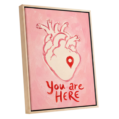 Pinned to the Heart, pink, beige, red minimalist wall art shown as a oak framed canvas wall art