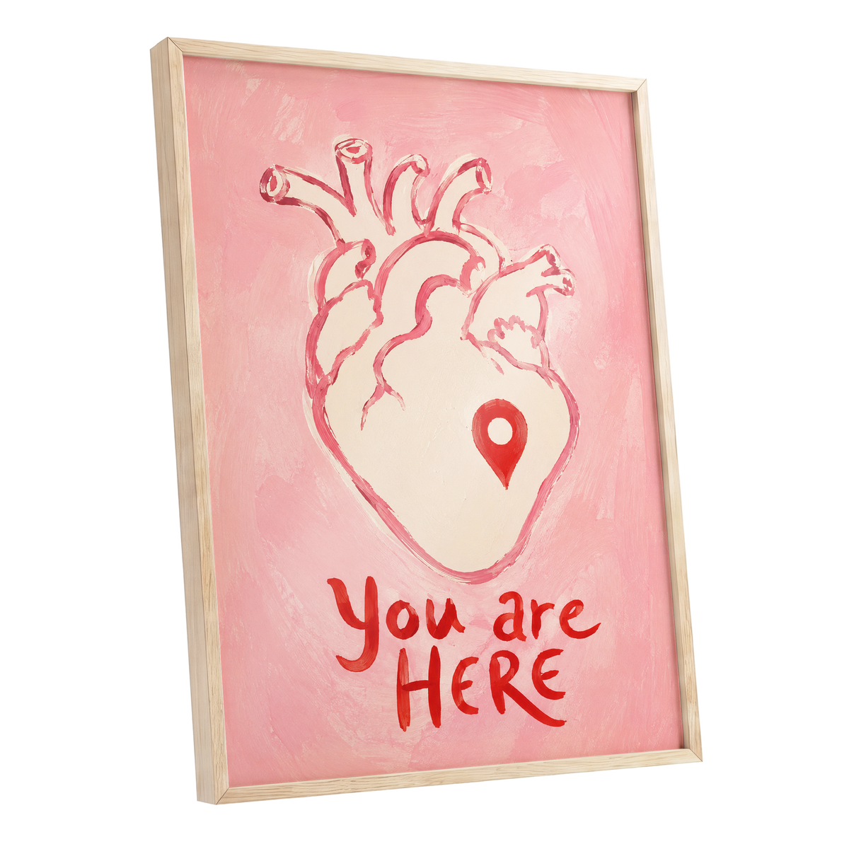 Pinned to the Heart, pink, beige, red minimalist wall art shown as a oak framed poster wall art print