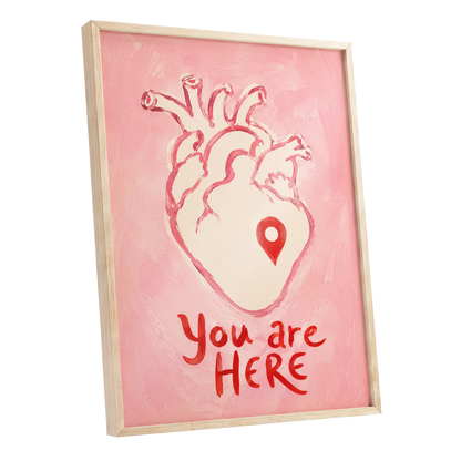Pinned to the Heart, pink, beige, red minimalist wall art shown as a oak framed poster wall art print