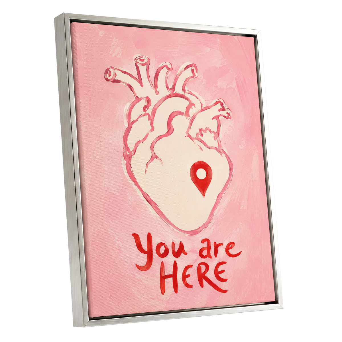 Pinned to the Heart, pink, beige, red minimalist wall art shown as a silver framed canvas wall art