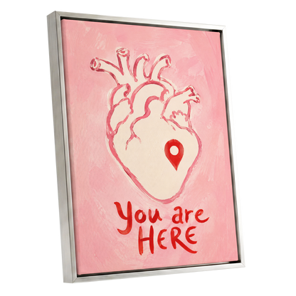 Pinned to the Heart, pink, beige, red minimalist wall art shown as a silver framed canvas wall art