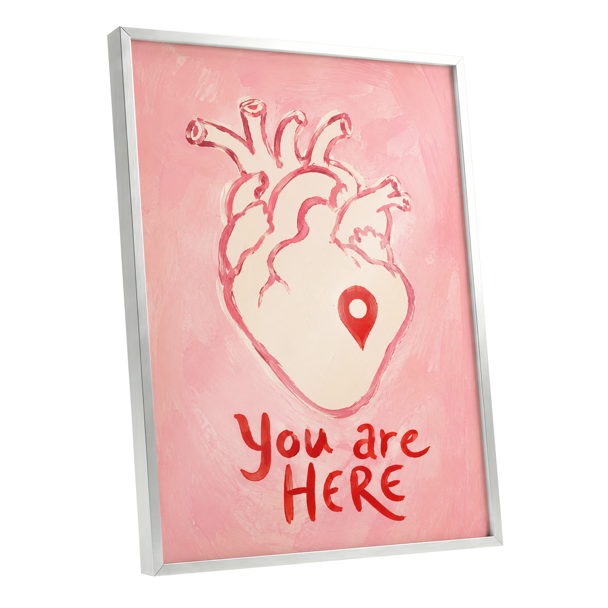 Pinned to the Heart, pink, beige, red minimalist wall art shown as a silver framed poster wall art print