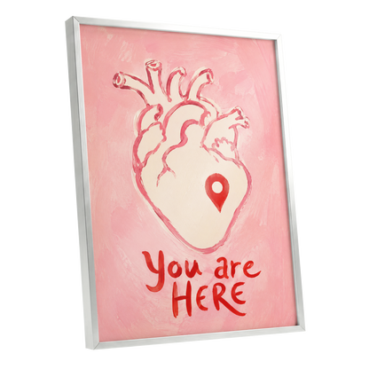 Pinned to the Heart, pink, beige, red minimalist wall art shown as a silver framed poster wall art print