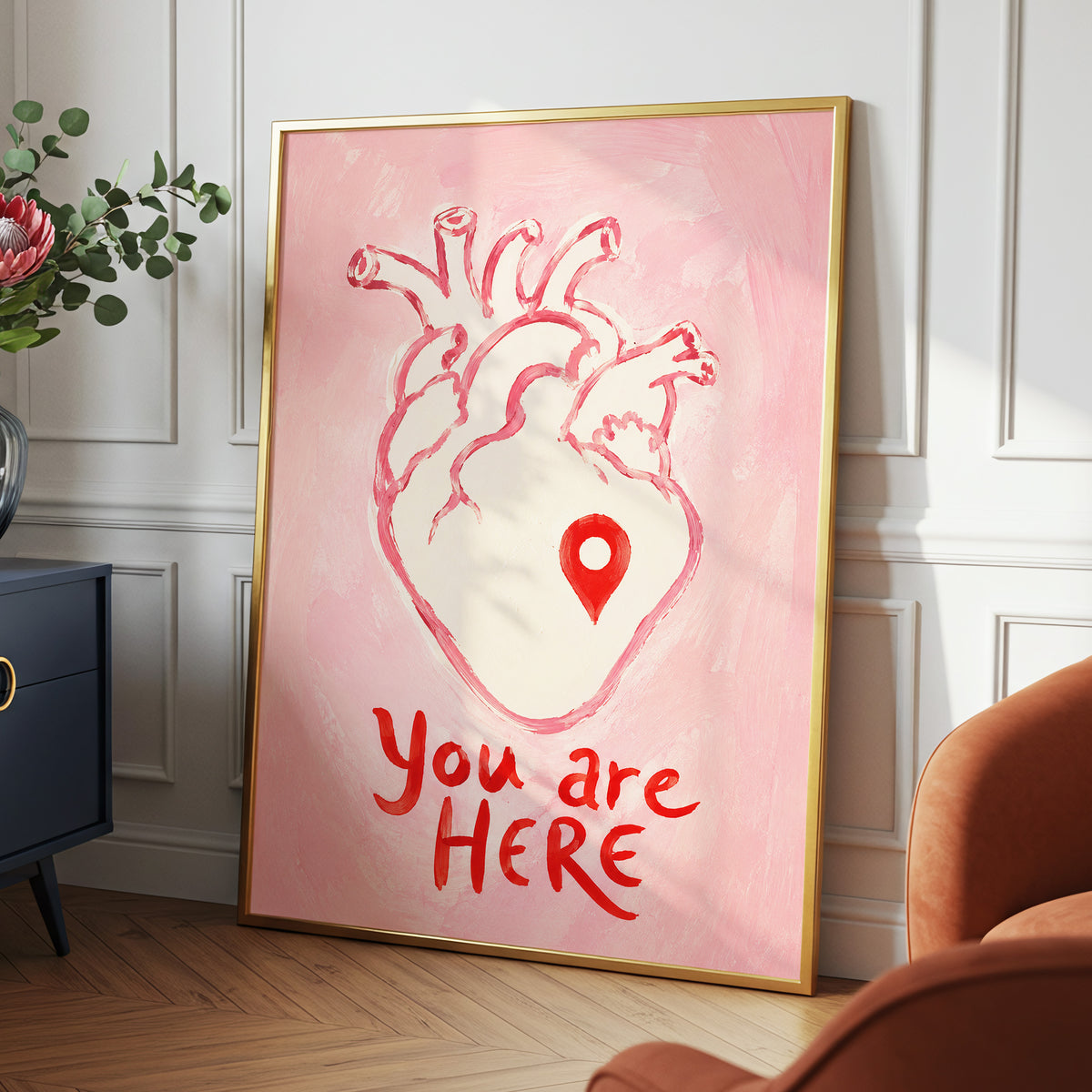 Pinned to the Heart, pink, beige, red minimalist wall art displayed in a styled interior, gallery view 2