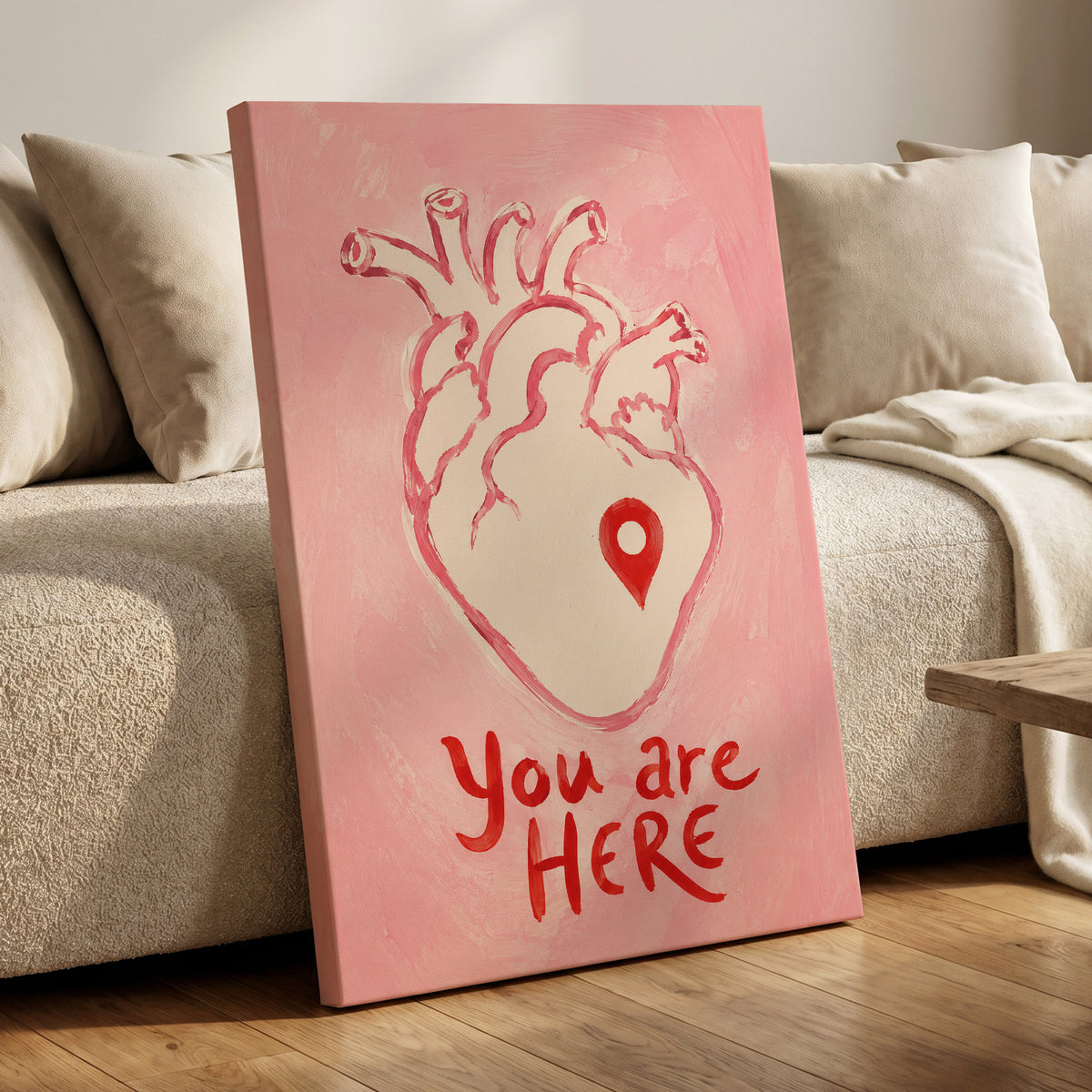 Pinned to the Heart, pink, beige, red minimalist wall art displayed in a styled interior, gallery view 3