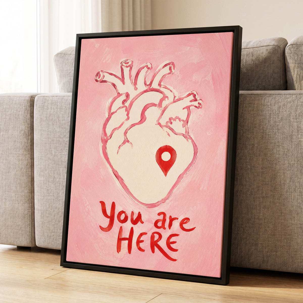 Pinned to the Heart, pink, beige, red minimalist wall art displayed in a styled interior, gallery view 4