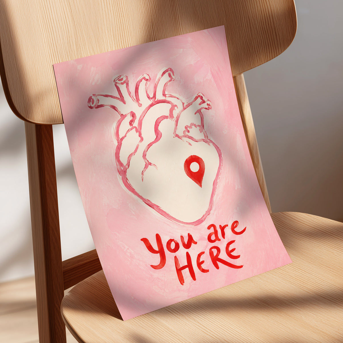 Pinned to the Heart, pink, beige, red minimalist wall art displayed in a styled interior, gallery view 5