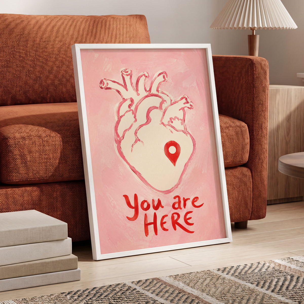 Pinned to the Heart, pink, beige, red minimalist wall art displayed in a styled interior, gallery view 6