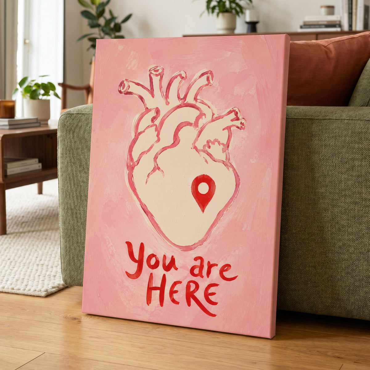 Pinned to the Heart, pink, beige, red minimalist wall art displayed in a styled interior, gallery view 7