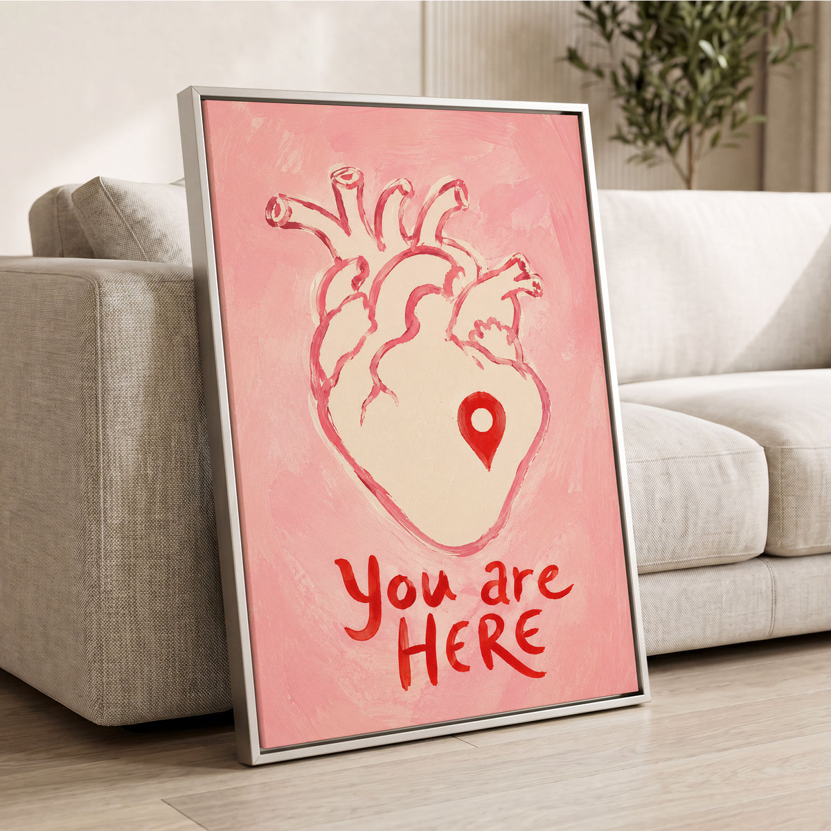 Pinned to the Heart, pink, beige, red minimalist wall art displayed in a styled interior, gallery view 8