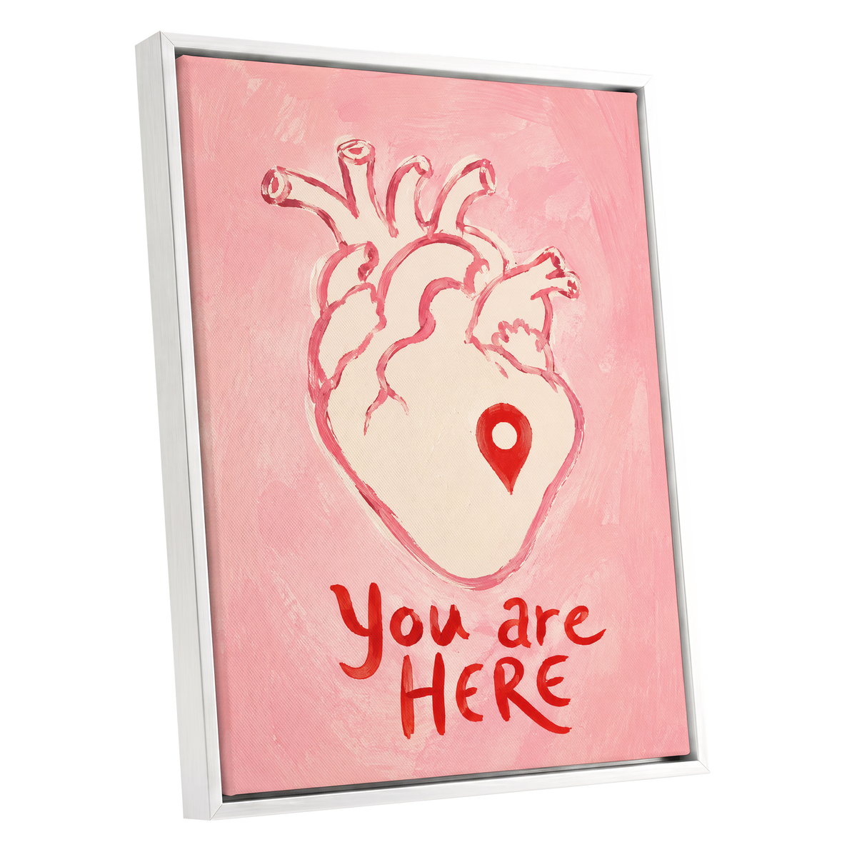 Pinned to the Heart, pink, beige, red minimalist wall art shown as a white framed canvas wall art