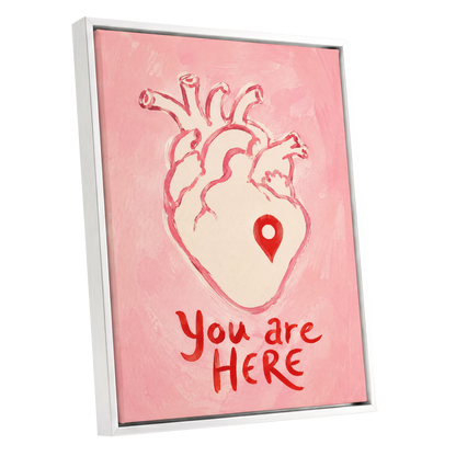 Pinned to the Heart, pink, beige, red minimalist wall art shown as a white framed canvas wall art