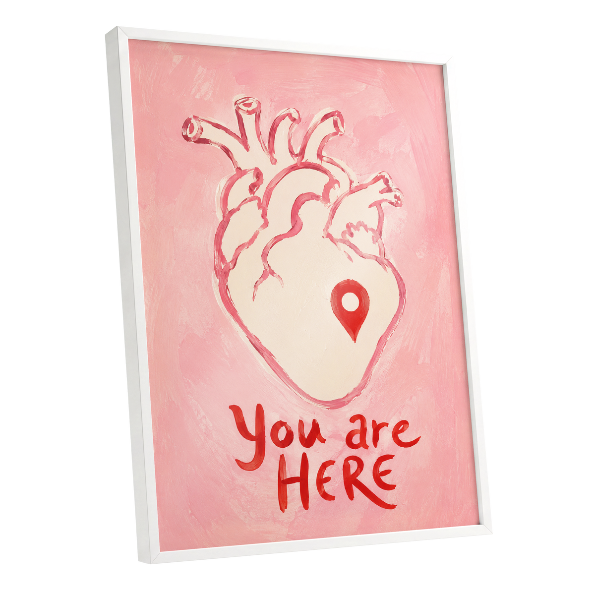 Pinned to the Heart, pink, beige, red minimalist wall art shown as a white framed poster wall art print