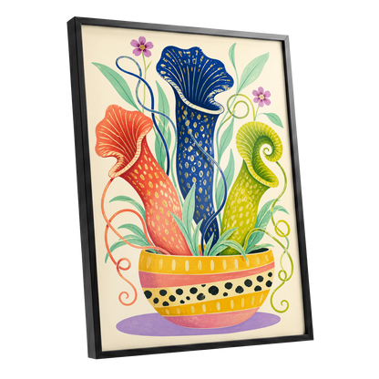 Pitcher Plant Parade, blue, green, orange nature wall art shown as a black framed poster wall art print
