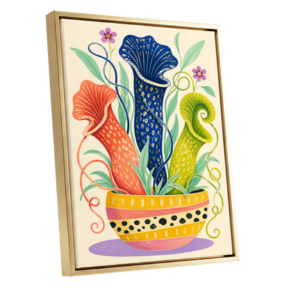 Pitcher Plant Parade, blue, green, orange nature wall art shown as a gold framed canvas wall art