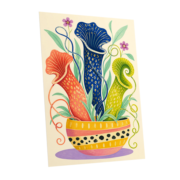 Pitcher Plant Parade, blue, green, orange nature wall art shown as a unframed poster wall art print