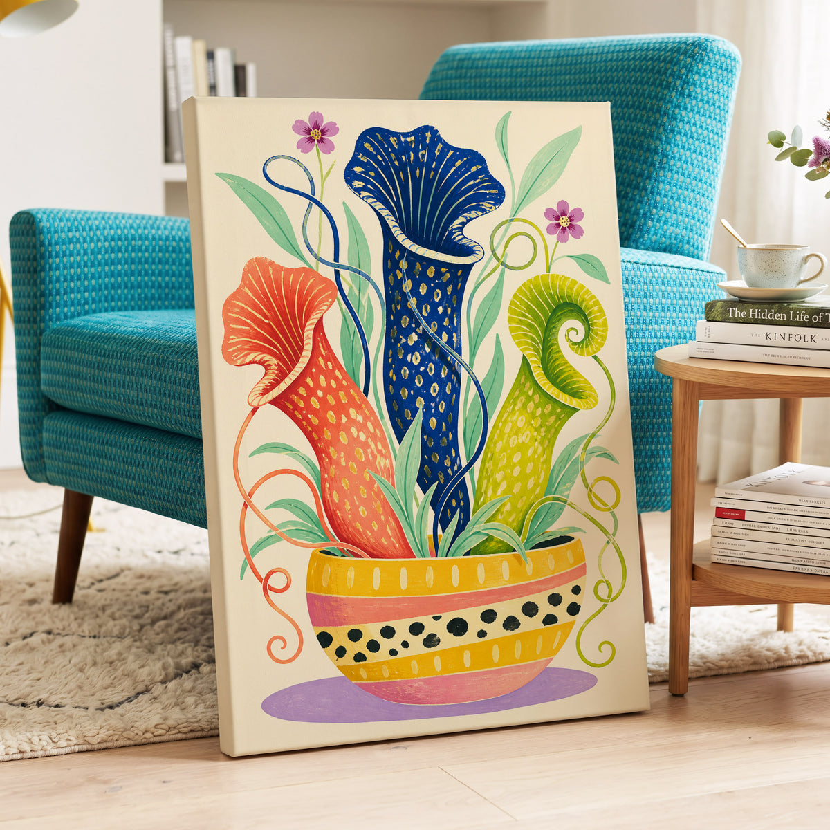 Pitcher Plant Parade, blue, green, orange nature wall art displayed in a styled interior, gallery view 3