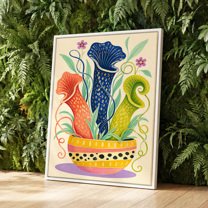Pitcher Plant Parade, blue, green, orange nature wall art displayed in a styled interior, gallery view 4