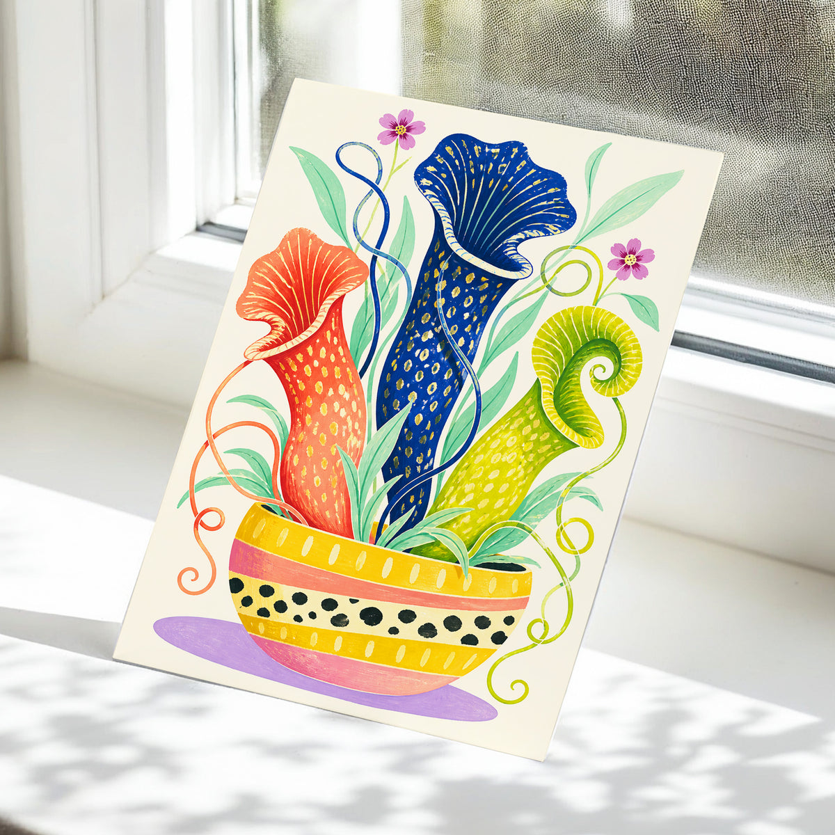 Pitcher Plant Parade, blue, green, orange nature wall art displayed in a styled interior, gallery view 5