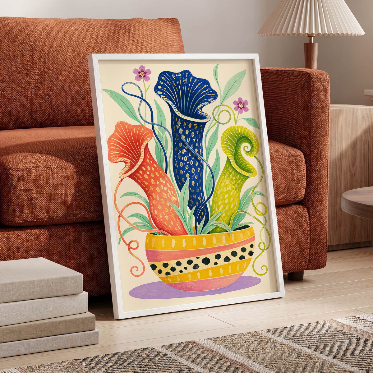 Pitcher Plant Parade, blue, green, orange nature wall art displayed in a styled interior, gallery view 6