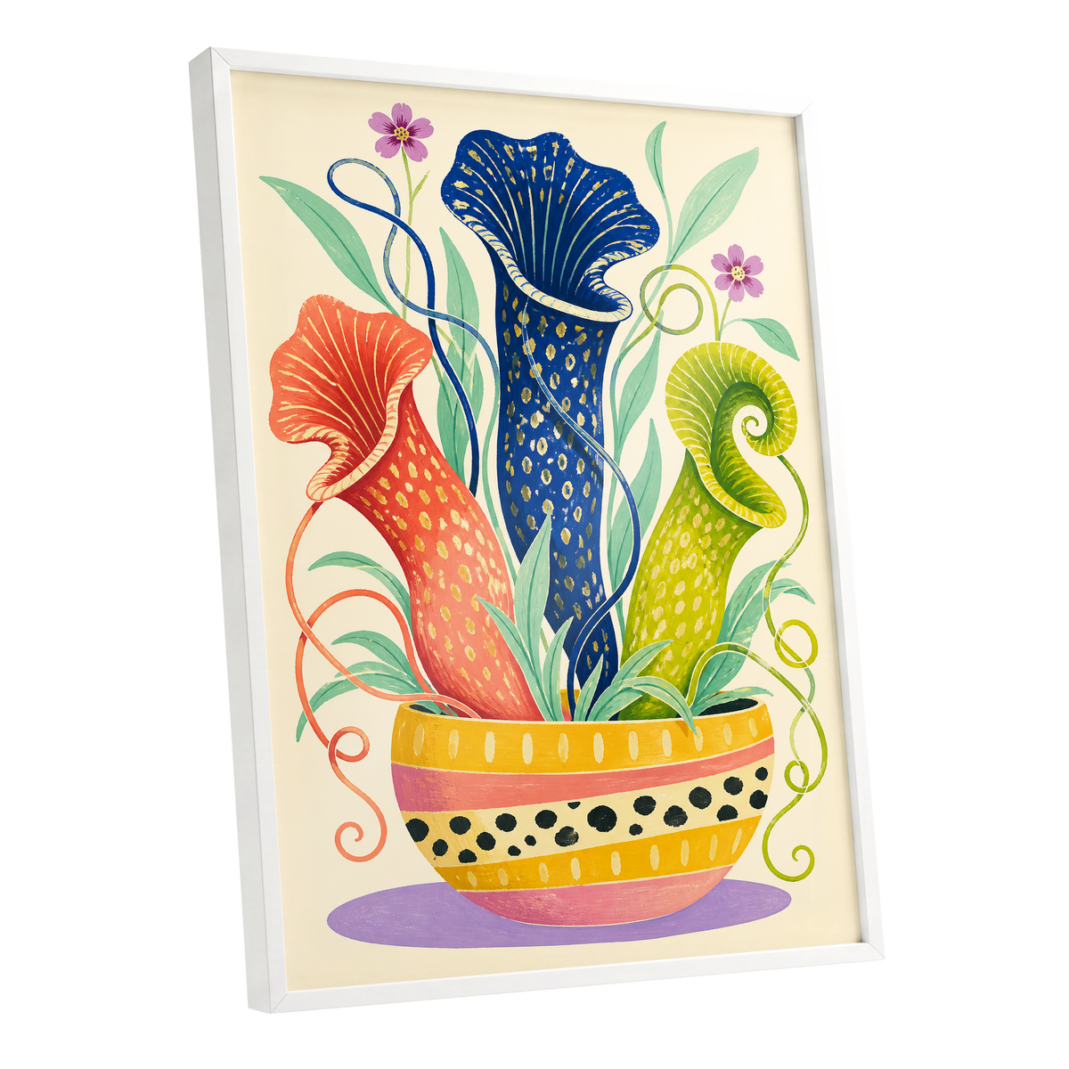Pitcher Plant Parade, blue, green, orange nature wall art shown as a white framed poster wall art print