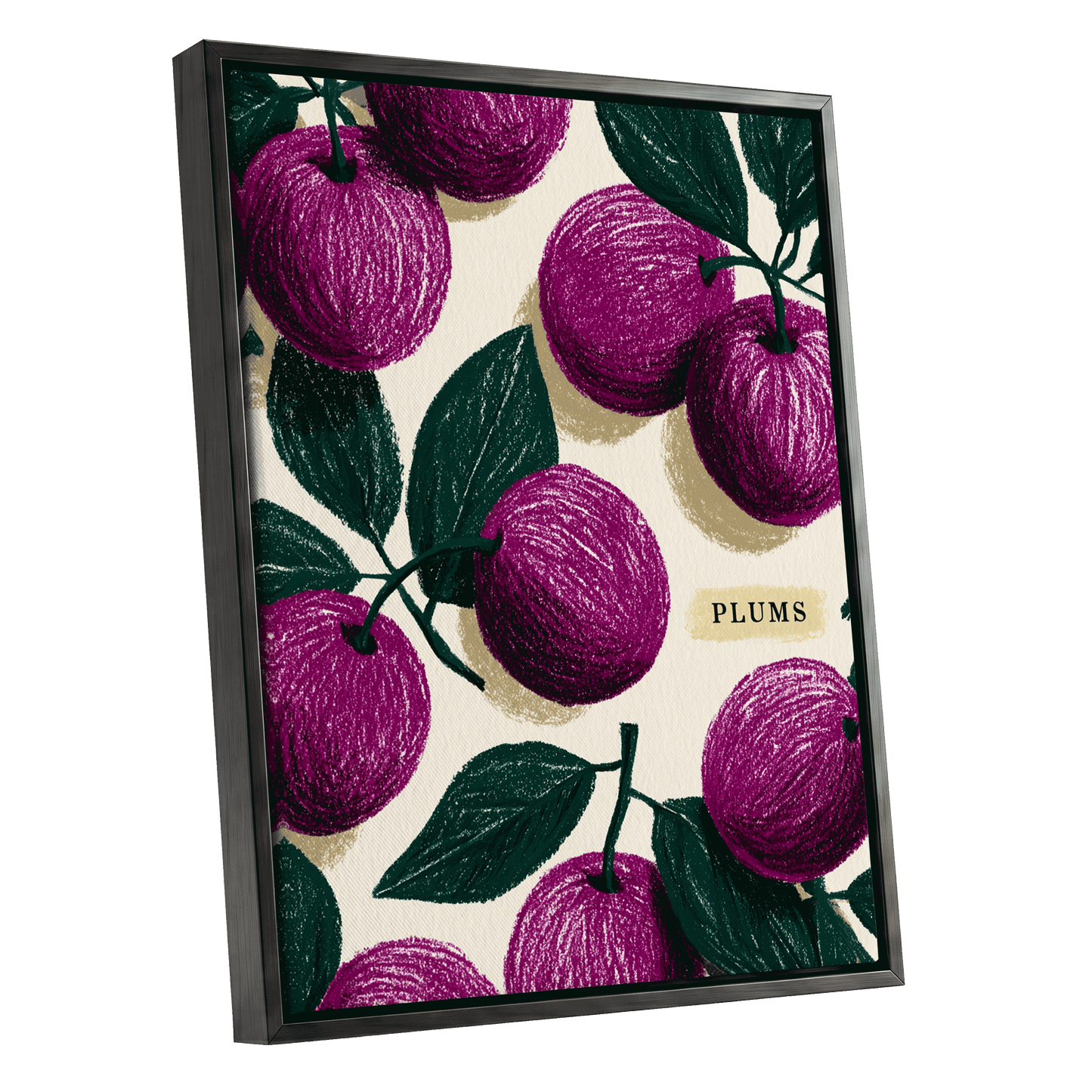 Plum Garden Nocturne, purple, green, beige nature wall art shown as a black framed canvas wall art
