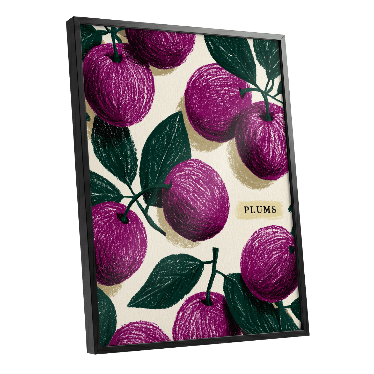 Plum Garden Nocturne, purple, green, beige nature wall art shown as a black framed poster wall art print