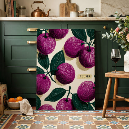 Plum Garden Nocturne, purple, green, beige nature wall art on canvas displayed in a styled interior, gallery view 1