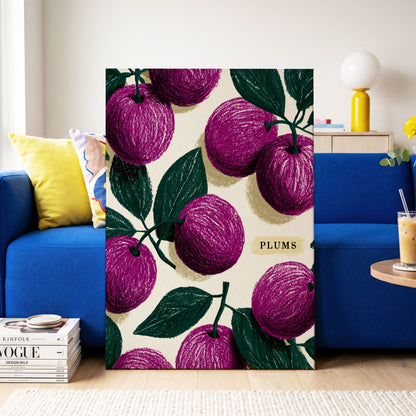 Plum Garden Nocturne, purple, green, beige nature wall art on canvas displayed in a styled interior, gallery view 2