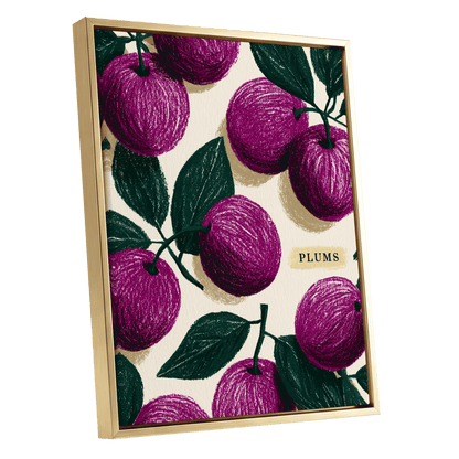 Plum Garden Nocturne, purple, green, beige nature wall art shown as a gold framed canvas wall art