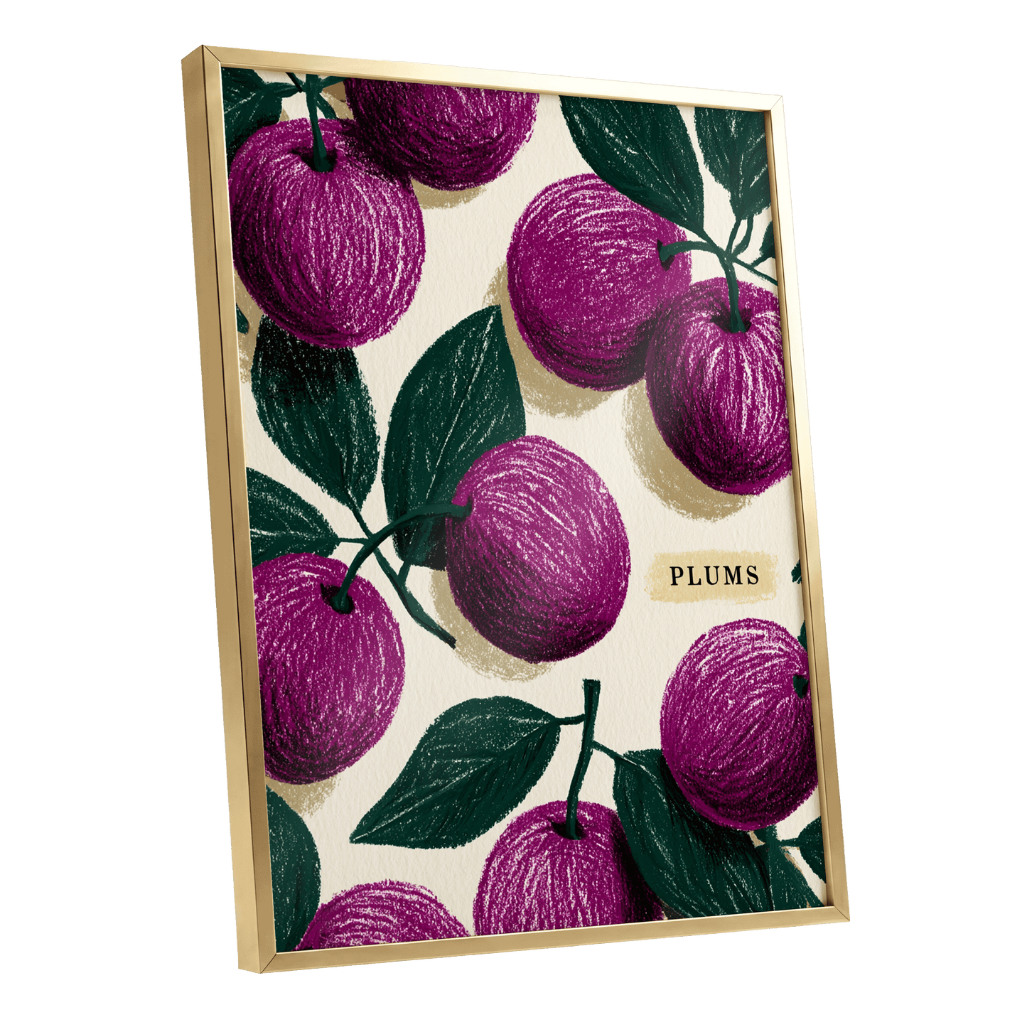 Plum Garden Nocturne, purple, green, beige nature wall art shown as a gold framed poster wall art print