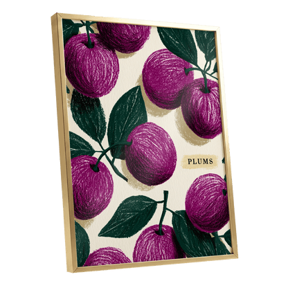 Plum Garden Nocturne, purple, green, beige nature wall art shown as a gold framed poster wall art print
