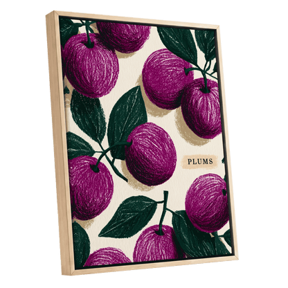 Plum Garden Nocturne, purple, green, beige nature wall art shown as a oak framed canvas wall art