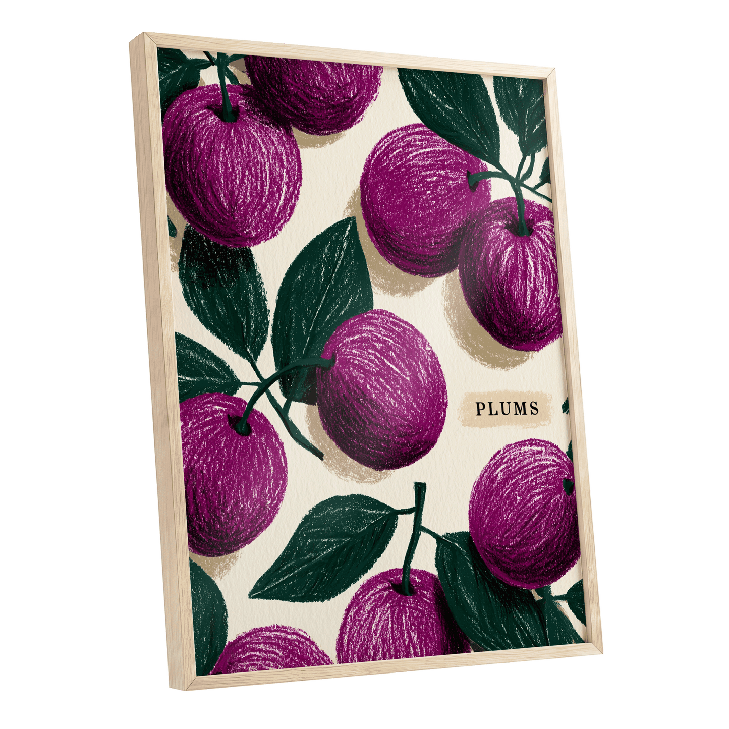 Plum Garden Nocturne, purple, green, beige nature wall art shown as a oak framed poster wall art print