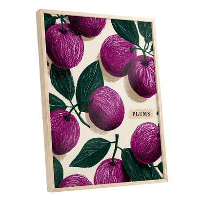 Plum Garden Nocturne, purple, green, beige nature wall art shown as a oak framed poster wall art print