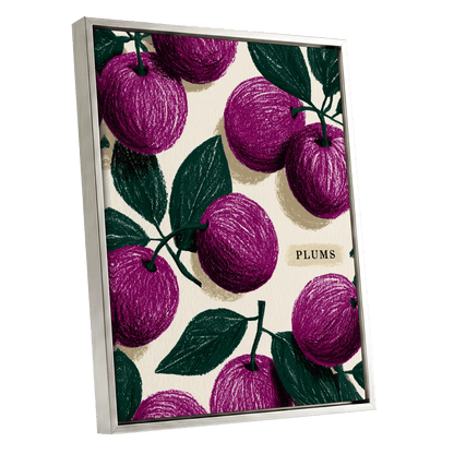 Plum Garden Nocturne, purple, green, beige nature wall art shown as a silver framed canvas wall art