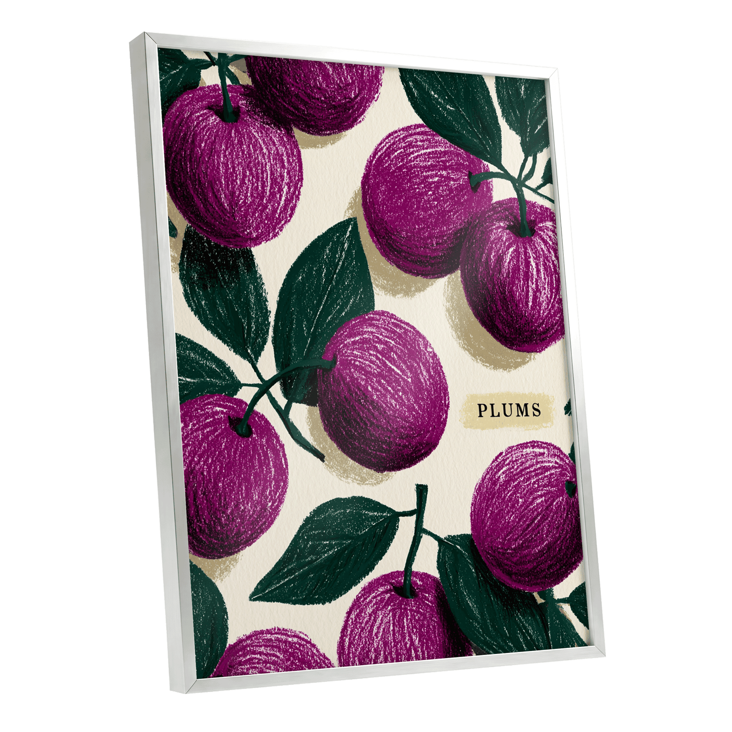 Plum Garden Nocturne, purple, green, beige nature wall art shown as a silver framed poster wall art print