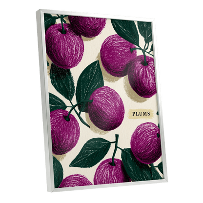 Plum Garden Nocturne, purple, green, beige nature wall art shown as a silver framed poster wall art print