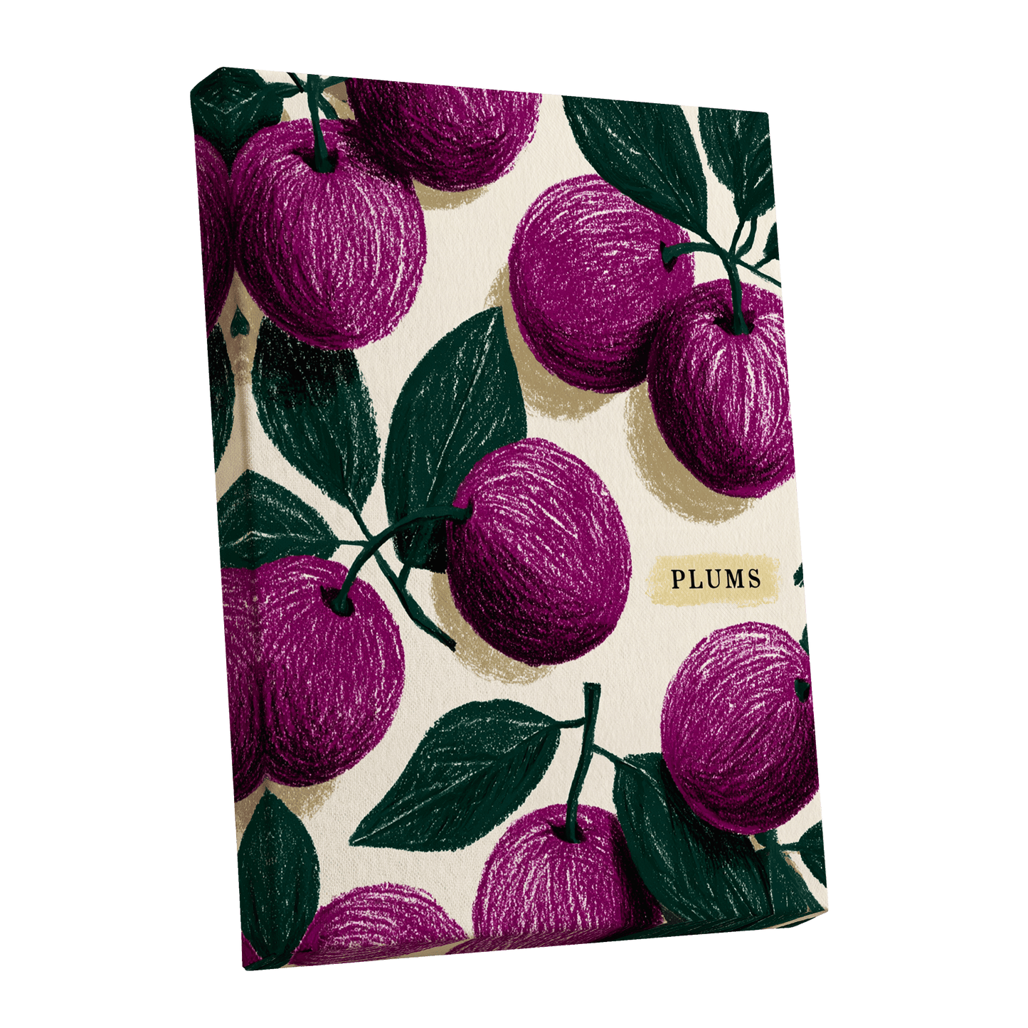 Plum Garden Nocturne, purple, green, beige nature wall art shown as a stretched canvas wall art