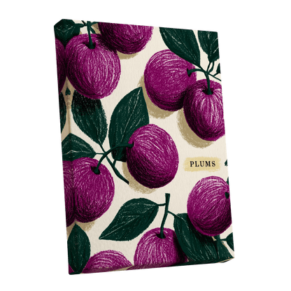 Plum Garden Nocturne, purple, green, beige nature wall art shown as a stretched canvas wall art